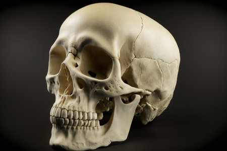 human skull replica on dark backgroundの素材