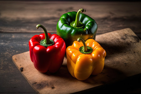 Red, yellow, and green bell peppers in close up on a wooden boardの素材