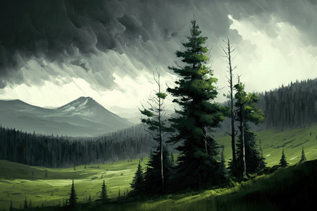 Wide view of an overcast sky and green slopes with treesの素材
