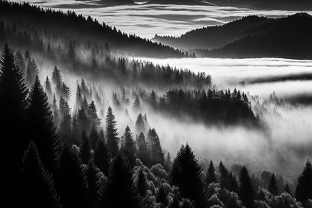 sweeping scene of a woodland with early morning fogの素材