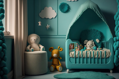 Interior of a cozy infant room with a cot and toysの素材