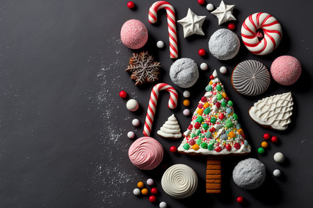 On a gray background are little marshmallows and Christmas sweetsの素材