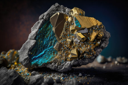 Rough chalcopyrite against a stony background, a macro image of a mineral stone, geologyの素材