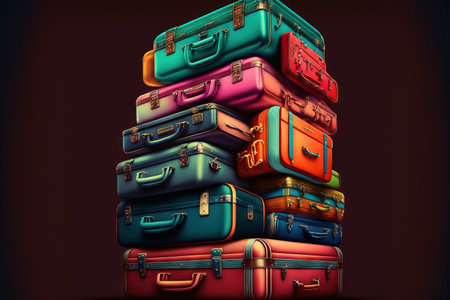 Multicolored suitcases are stacked on top of one another for transitの素材