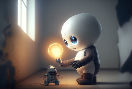 adorable and little robot helper with artificial intelligence and a light bulbの素材