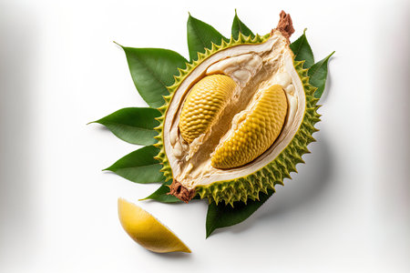 Half cut durian fruit and leaves isolated on a white backdropの素材