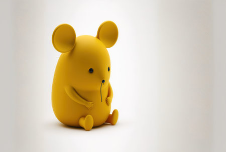Yellow toy mouse is seated alone on whiteの素材