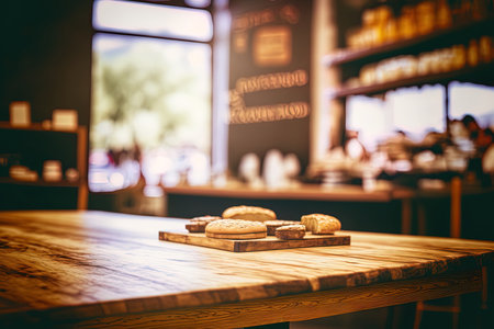 a wooden table that is empty against a blurred background of a bakery and cafeの素材