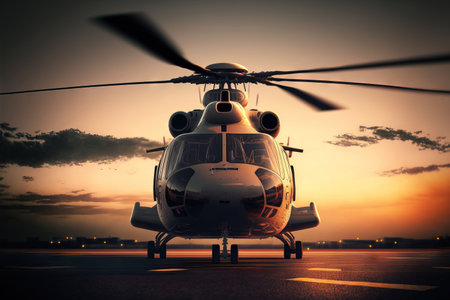 Helicopter on the helipad at duskの素材