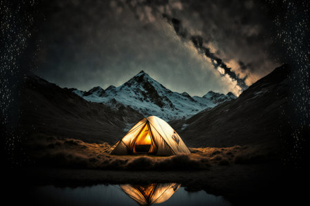 lighted tent in the highlands under the starsの素材