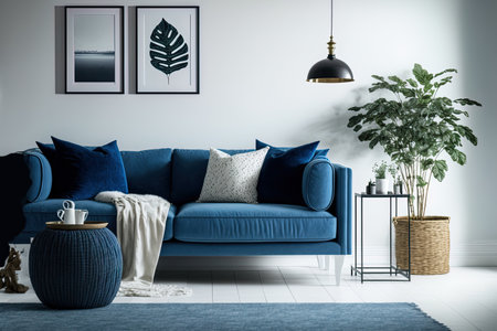 White, minimalist living room with blue sofa and wicker carpetの素材