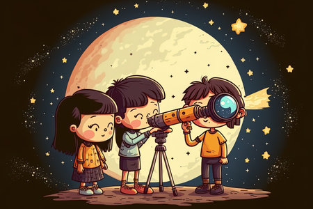 joyful children use a telescope to view the night skyの素材