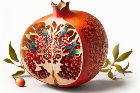 Fruit cutout of a ripe pomegranate on a white backgroundの素材