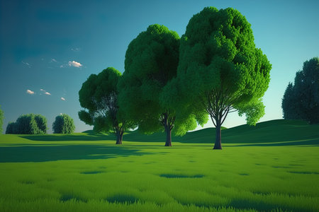 Green field with trees, a lawn, and the sky in the distanceの素材