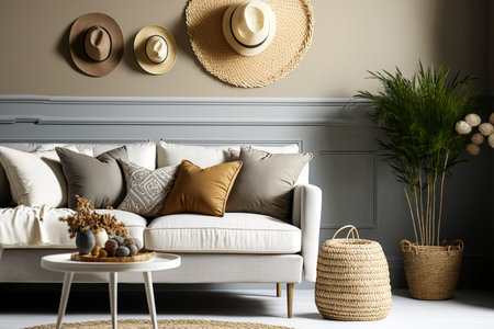 Interior of living room with wicker sofaの素材