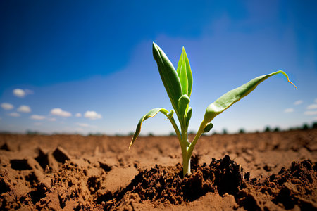 Maize seedling in the agricultural garden with blue skyの素材