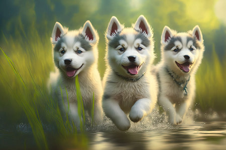 Puppies of the Siberian Husky at outdoors in a parkの素材