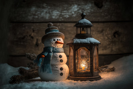 Nighttime old wooden background with a Christmas lamp and a snowmanの素材