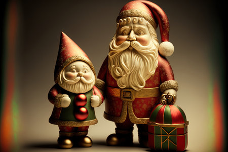 Santa Claus doll and Santa Claus statue with holiday ornaments and presentsの素材