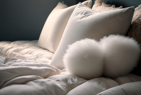 close up of a cozy bed with fluffy white pillowsの素材