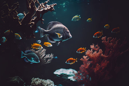 Small fish swimming in a dark aquariumの素材