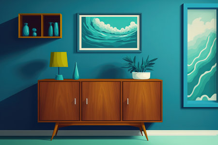 Modern room with blue wall and wooden cabinetの素材