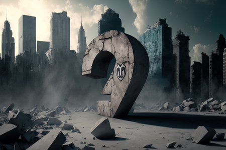 broken concrete stone with question symbol and anonymous criminal in cityscapeの素材