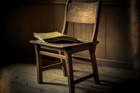 Old wooden lecture chair in the classroom. Summer recess day. Peaceful classroomの素材