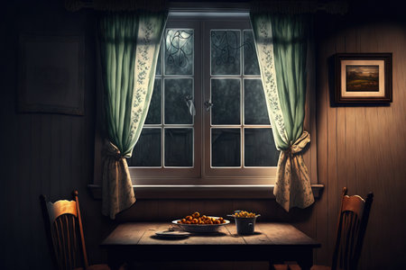 Wooden table on a curtain backed window in a dark roomの素材