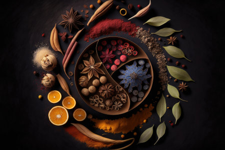 View of spices from above, against a vintage, dark backdropの素材