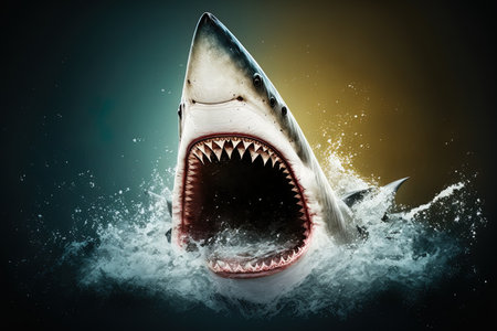 predatory white shark with a wide open mouth and fangsの素材
