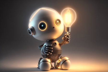 cute artificial intelligence helper robot with a light bulb conceptの素材