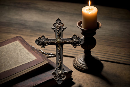 atop an antique oak wood table is a cross with a bible and a candleの素材