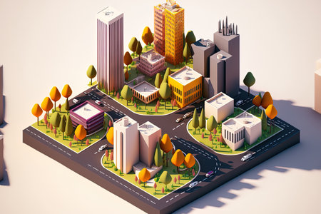 isometric city center with contemporary homes, towers, highways, and parksの素材