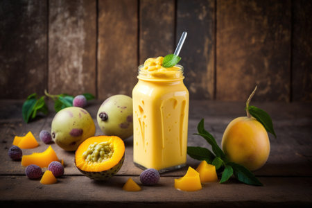 smoothies with mango and passion fruit against a wooden backgroundの素材