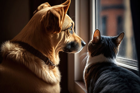 Looking out the window together, a dog and a cat are the best of friendsの素材