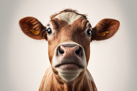 curious brown cow with a white backdrop and a nose focused shotの素材