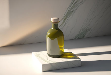 an olive oil bottle on marble tableの素材