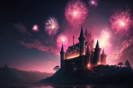 Pink dream palace with fireworks at nightの素材