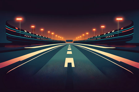 Illustration of a racetrack finish straight road in a background of nighttime racingの素材