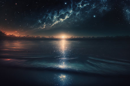 Starry night at sea with a nebula, star fall, and water reflections on the horizonの素材