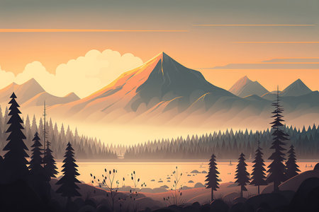 Sunrise scene with mountains and morning fogの素材