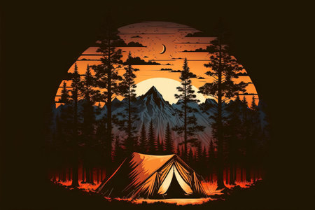 Tent camping in a forest at duskの素材