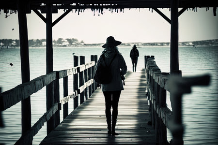 lone female with lake and wooden bridgeの素材