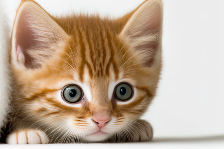 over a white backdrop, a close up image of a ginger kitten with emerald eyesの素材