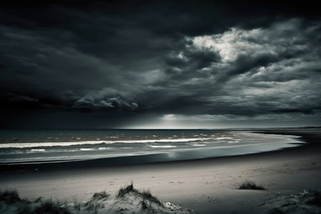 The scene of the empty sea and shore against the dark skyの素材