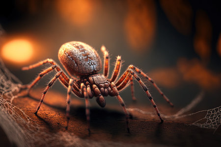 image with a brown spider in selective focus on a webの素材