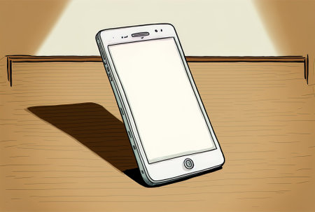White screen mobile phone on a wooden tabletopの素材