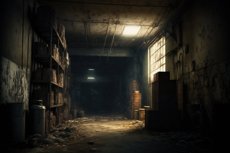 inside of a dilapidated warehouseの素材