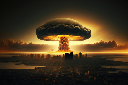 nuclear bomb detonation above a cityの素材